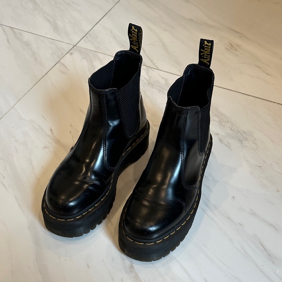 Dr. Martens Shoes - Dr. Martens Black Platform Chelsea Boots with Yellow Stitching